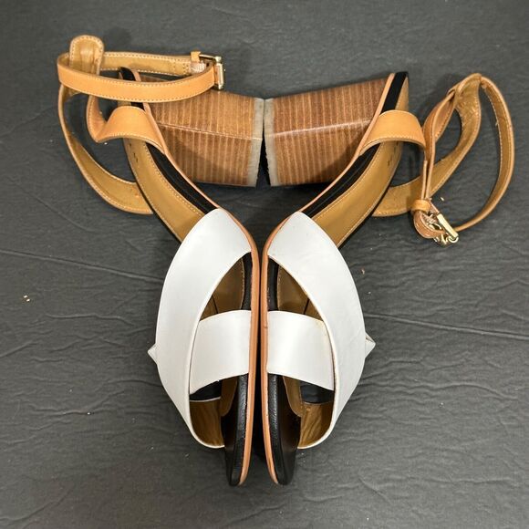 Coach Open Toe Heels Women's 9B White Brown Two Tone Crossover Ankle Strap - Picture 8 of 11